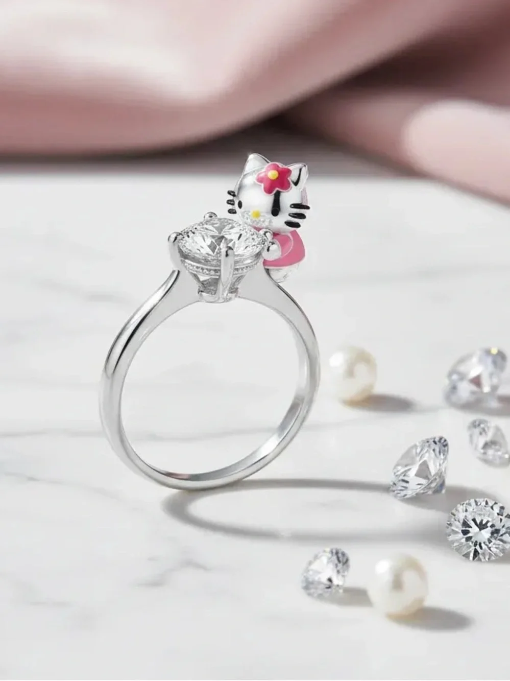 925 Sterling Silver Hello Kitty Sanrio Hugging Diamond Solitaire Ring Character